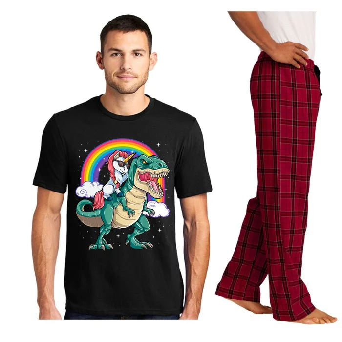 Funny Unicorn Riding T Rex Dinosaur Gift For Boys Girls Men Women Rainbow Gift Pajama Set