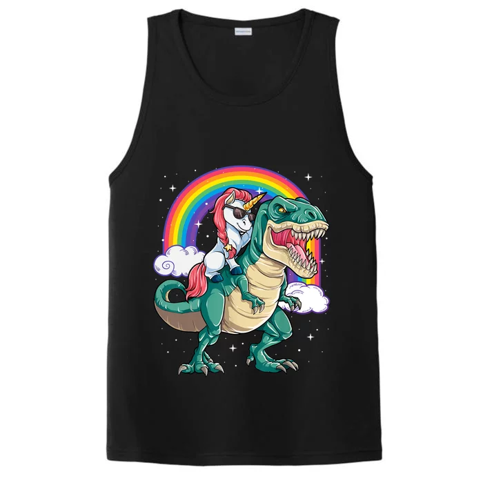 Funny Unicorn Riding T Rex Dinosaur Gift For Boys Girls Men Women Rainbow Gift Performance Tank