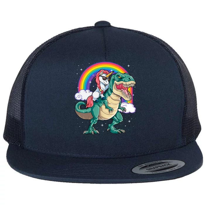 Funny Unicorn Riding T Rex Dinosaur Gift For Boys Girls Men Women Rainbow Gift Flat Bill Trucker Hat