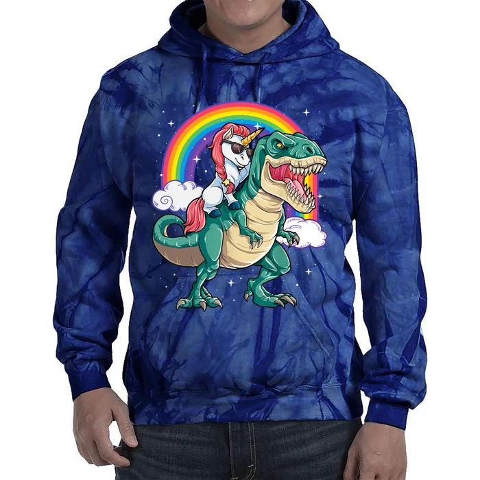 Funny Unicorn Riding T Rex Dinosaur Gift For Boys Girls Men Women Rainbow Gift Tie Dye Hoodie