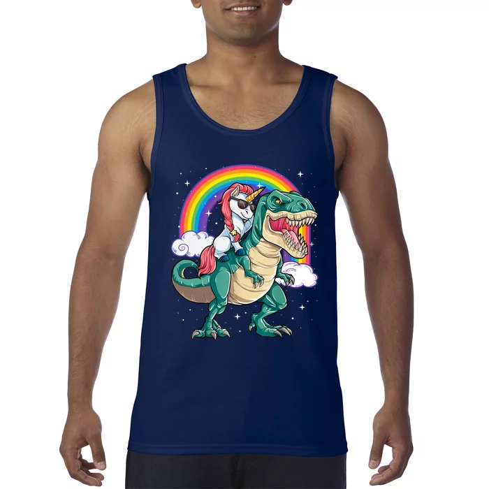 Funny Unicorn Riding T Rex Dinosaur Gift For Boys Girls Men Women Rainbow Gift Tank Top