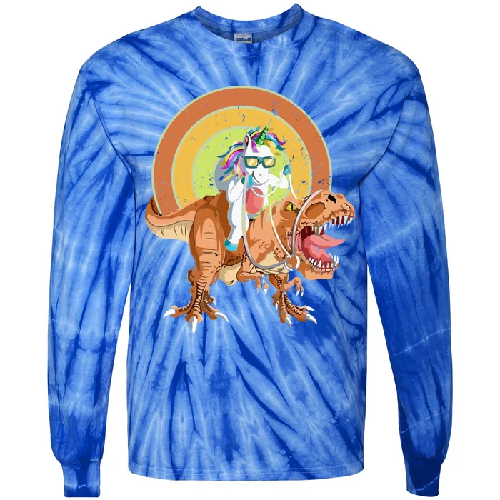 Funny Unicorn Riding Dinosaur Unicorn Costume Lover Gift Tie-Dye Long Sleeve Shirt