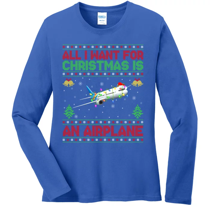 Funny Ugly Sweater All I Want For Christmas Is A Airplane Gift Ladies Long Sleeve Shirt