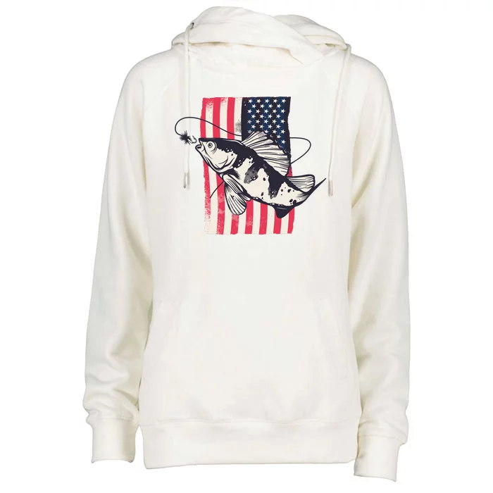 Fishing United States Flag Fisher Vintage Womens Funnel Neck Pullover Hood