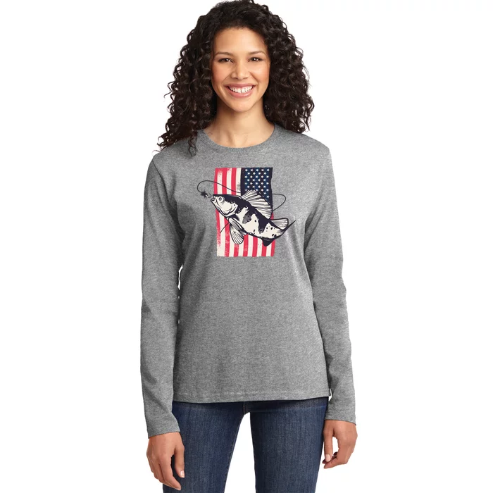 Fishing United States Flag Fisher Vintage Ladies Long Sleeve Shirt