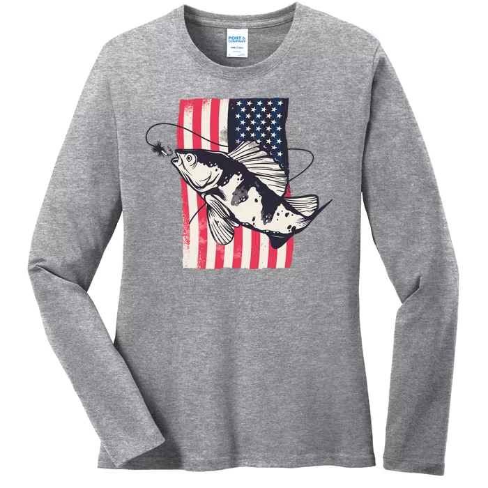 Fishing United States Flag Fisher Vintage Ladies Long Sleeve Shirt