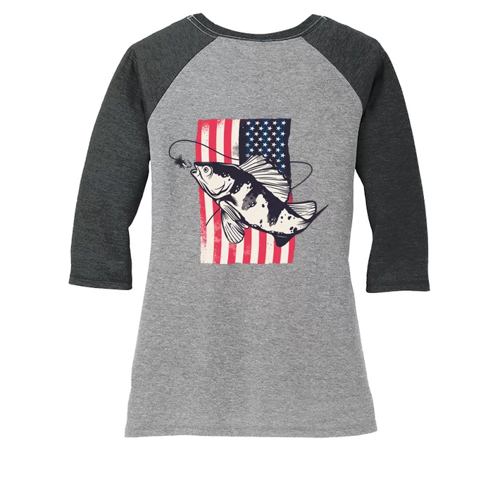 Fishing United States Flag Fisher Vintage Women's Tri-Blend 3/4-Sleeve Raglan Shirt