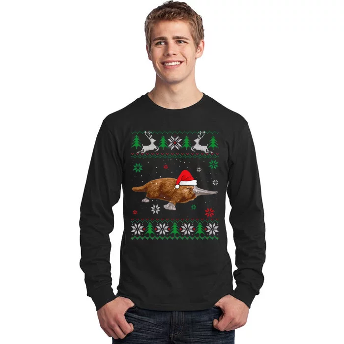 Funny Ugly Sweater Christmas Platypus Lover Santa Hat Animals Tall Long Sleeve T-Shirt