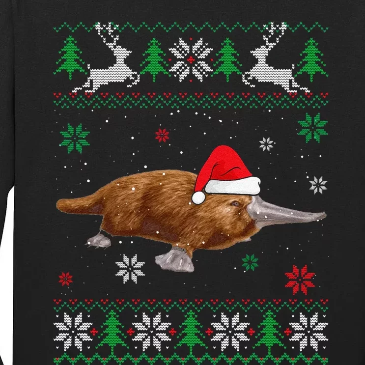 Funny Ugly Sweater Christmas Platypus Lover Santa Hat Animals Tall Long Sleeve T-Shirt