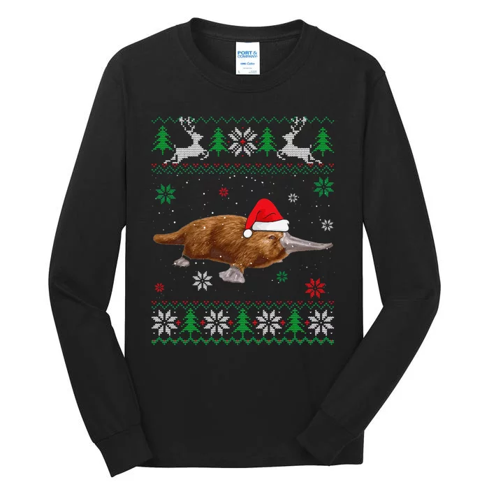 Funny Ugly Sweater Christmas Platypus Lover Santa Hat Animals Tall Long Sleeve T-Shirt