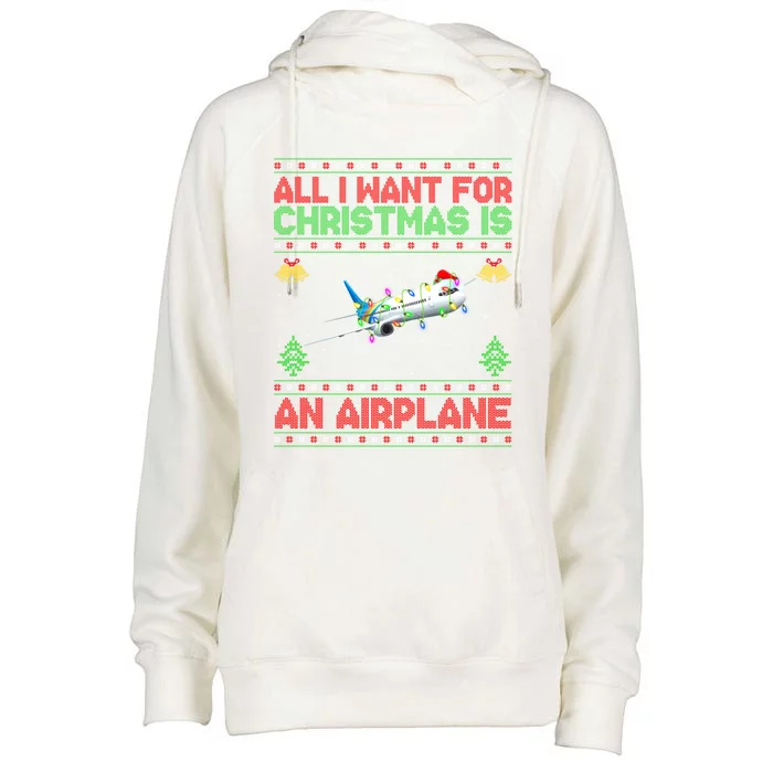 Funny Ugly Sweater All I Want For Christmas Is A Airplane Cool Gift Womens Funnel Neck Pullover Hood