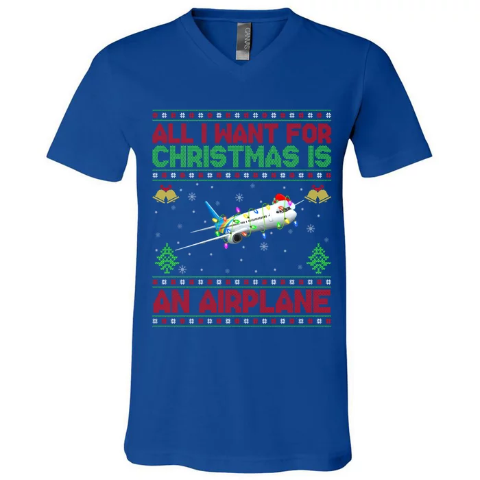 Funny Ugly Sweater All I Want For Christmas Is A Airplane Cool Gift V-Neck T-Shirt