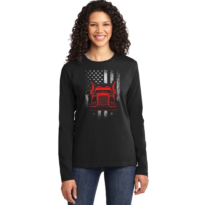 Funny Us trucking - US flag with truck Ladies Long Sleeve Shirt