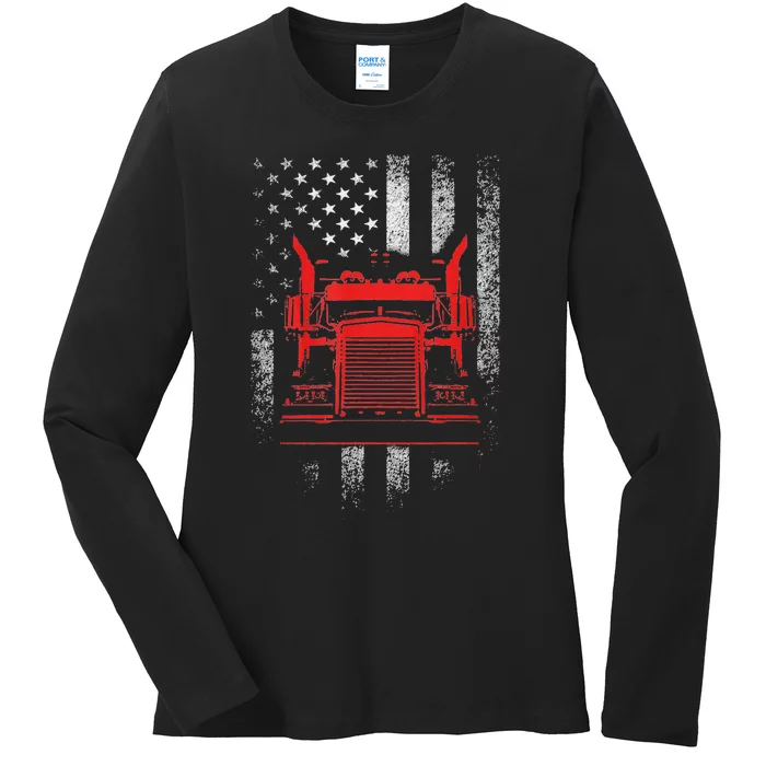 Funny Us trucking - US flag with truck Ladies Long Sleeve Shirt