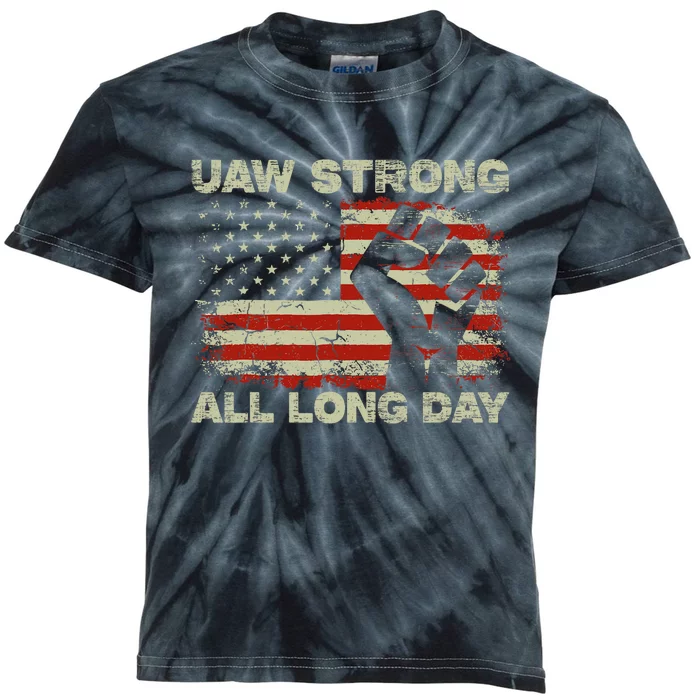 Flag Usa Uaw Strong All Long Day Uaw Strike Vintage Kids Tie-Dye T-Shirt