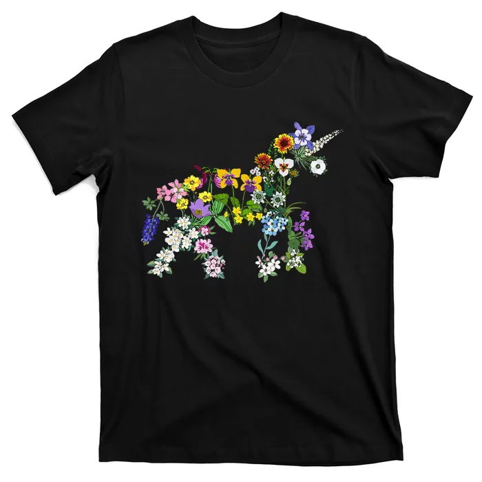 Floral Unicorn Wildflowers Flower Unicorn Shape T-Shirt