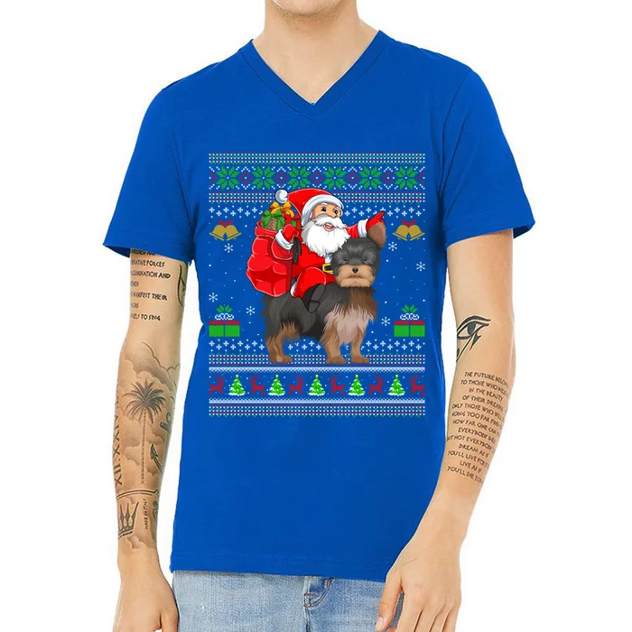 Funny Ugly Xmas Santa Riding Yorkshire Terrier Dog Christmas Gift V-Neck T-Shirt