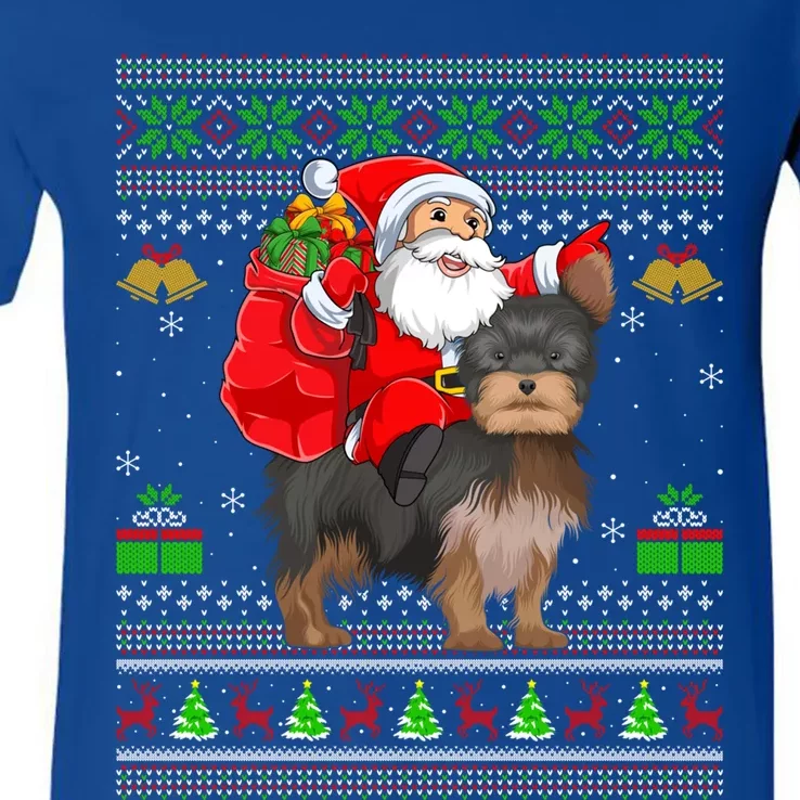 Funny Ugly Xmas Santa Riding Yorkshire Terrier Dog Christmas Gift V-Neck T-Shirt