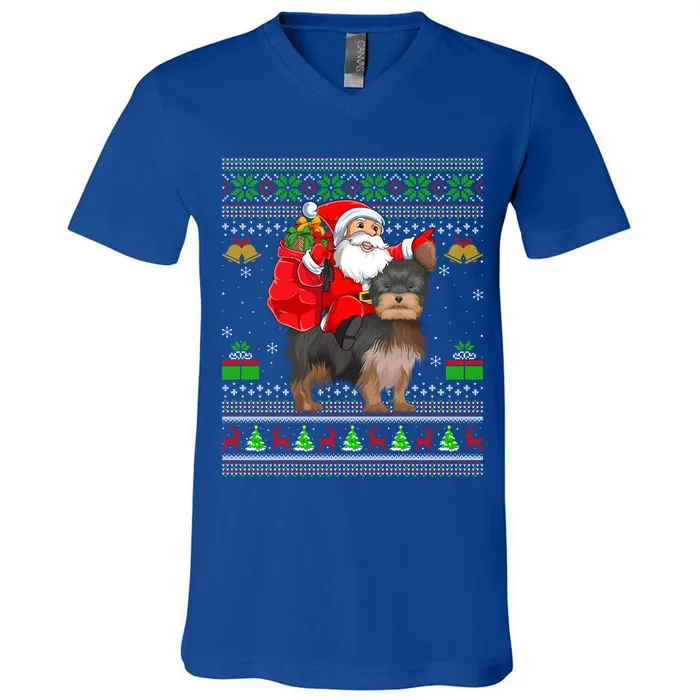 Funny Ugly Xmas Santa Riding Yorkshire Terrier Dog Christmas Gift V-Neck T-Shirt