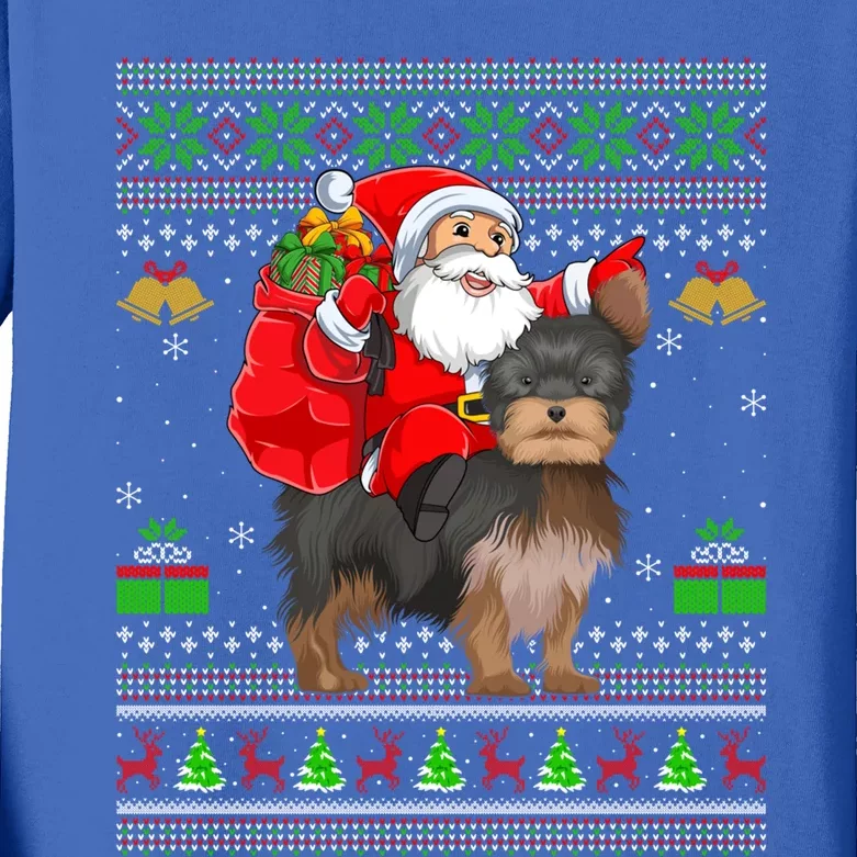 Funny Ugly Xmas Santa Riding Yorkshire Terrier Dog Christmas Gift Kids Long Sleeve Shirt