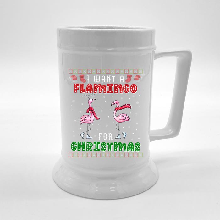 Flamingo Ugly Xmas Sweater I Want A Flamingo For Christmas Gift Front & Back Beer Stein