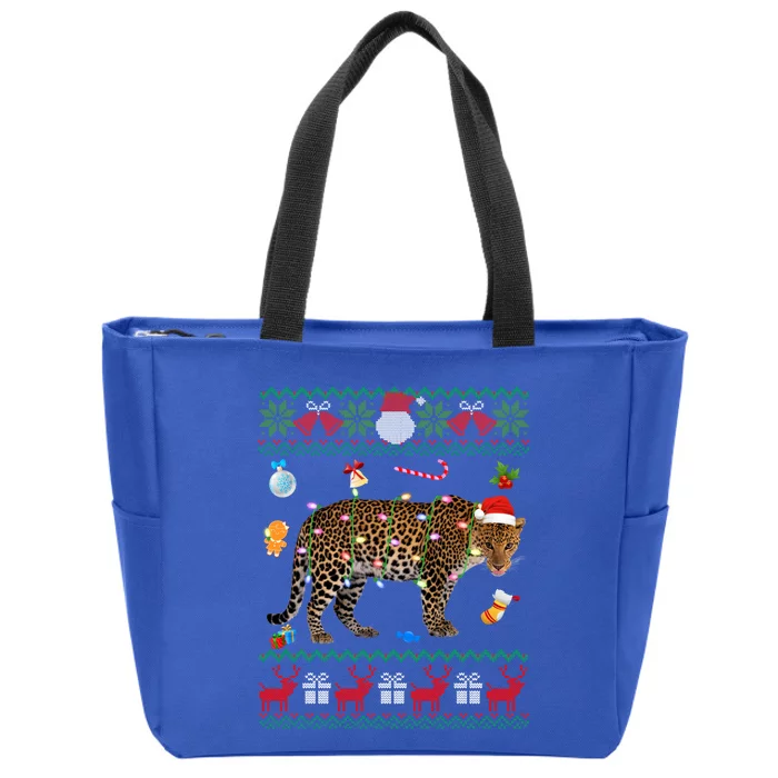 Funny Ugly Xmas Sweater Animals Lights Christmas Leopard Gift Zip Tote Bag