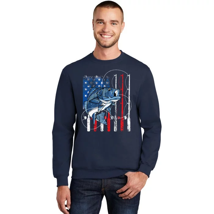 Fishing Vintage American Flag Bass Fisherman Gifts Tall Sweatshirt