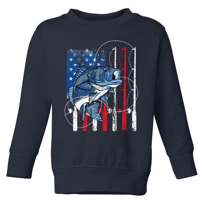 Fishing Vintage American Flag Bass Fisherman Gifts Toddler Sweatshirt