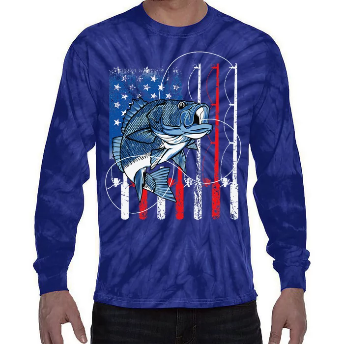 Fishing Vintage American Flag Bass Fisherman Gifts Tie-Dye Long Sleeve Shirt