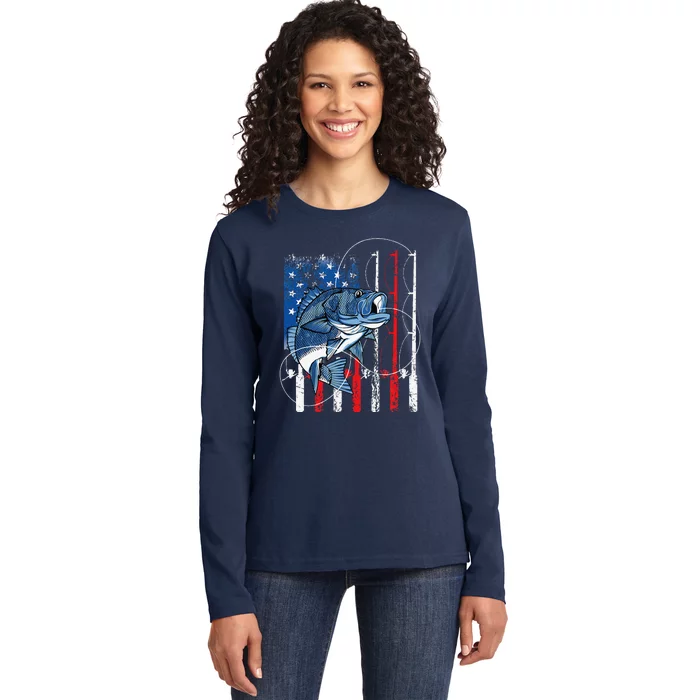 Fishing Vintage American Flag Bass Fisherman Gifts Ladies Long Sleeve Shirt