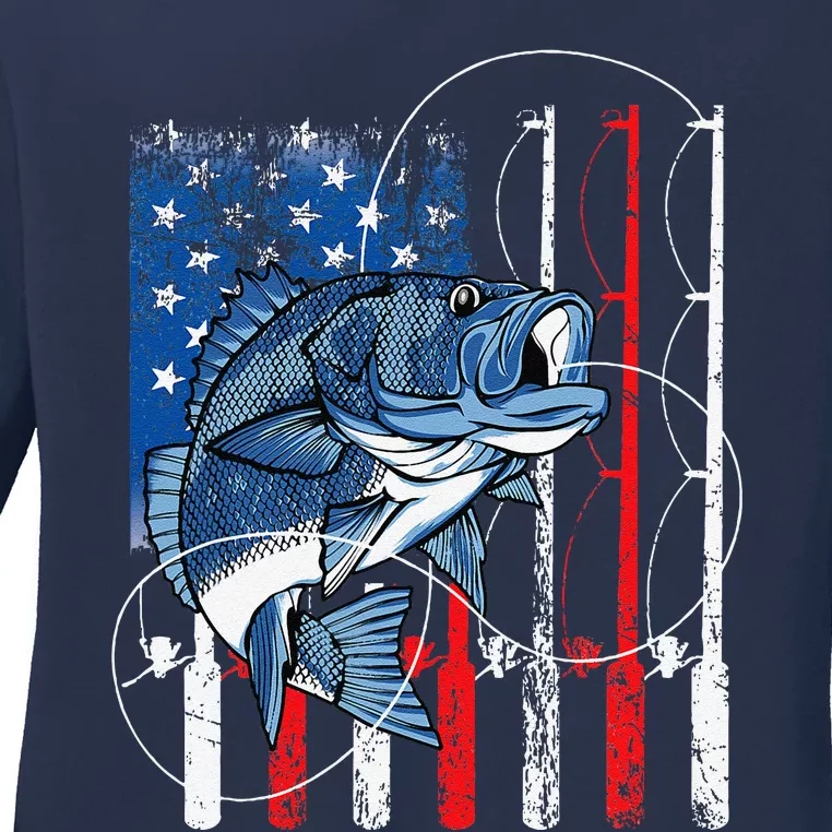 Fishing Vintage American Flag Bass Fisherman Gifts Ladies Long Sleeve Shirt