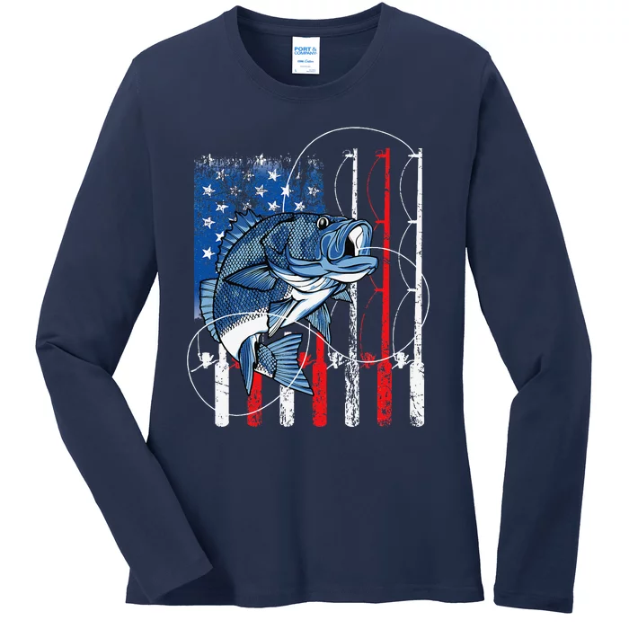 Fishing Vintage American Flag Bass Fisherman Gifts Ladies Long Sleeve Shirt