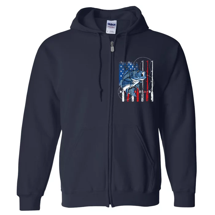 Fishing Vintage American Flag Bass Fisherman Gifts Full Zip Hoodie