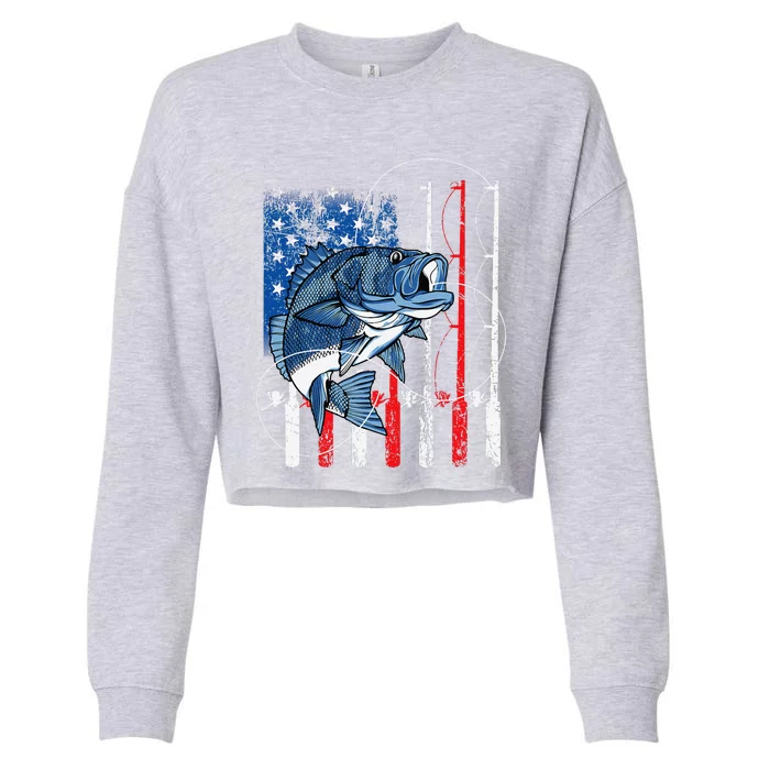 Fishing Vintage American Flag Bass Fisherman Gifts Cropped Pullover Crew