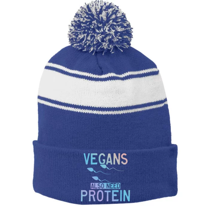 Funny Vegans Also Need Protein Vegan Vegetarian Sperm Gift Stripe Pom Pom Beanie