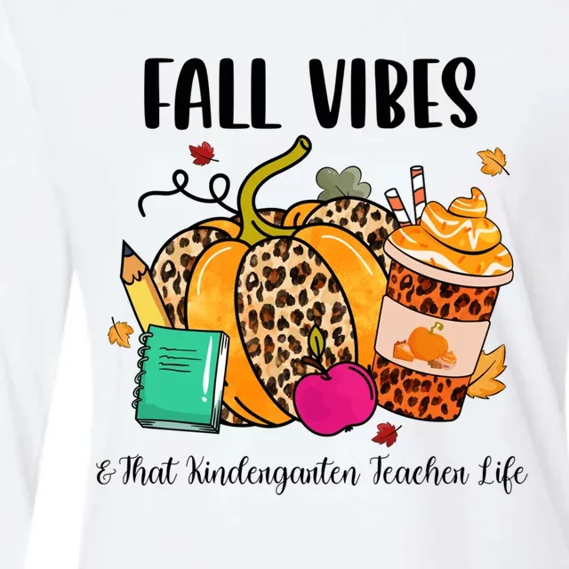 Fall Vibes And That Kindergarten Teacher Life Leopard Pumpkin Gift Womens Cotton Relaxed Long Sleeve T-Shirt