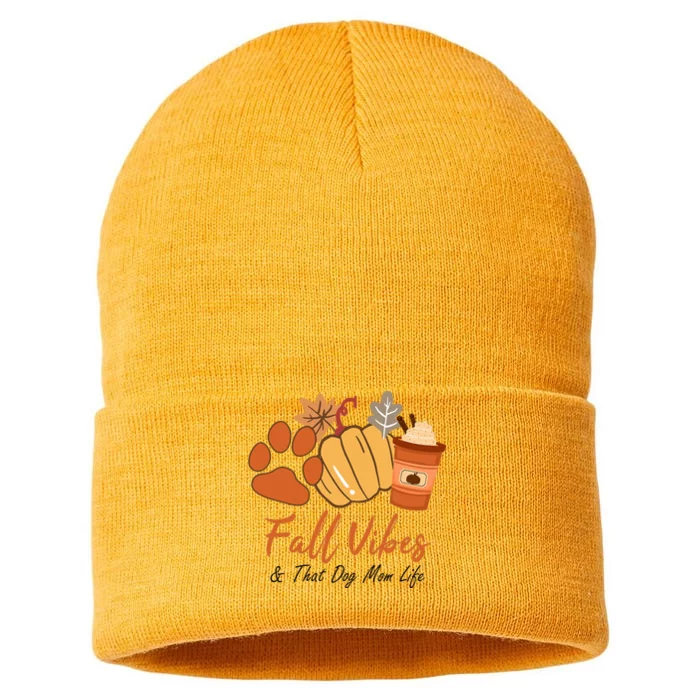 Fall Vibes And That Dog Mom Life Pumpkin Fall Thanksgiving Sustainable Knit Beanie