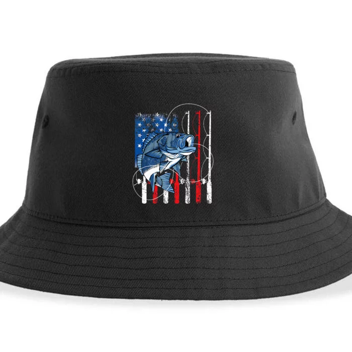 Fishing Vintage American Flag Bass Fisherman Gifts Sustainable Bucket Hat