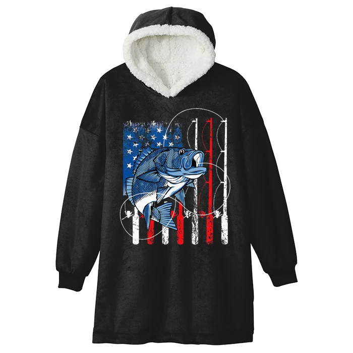 Fishing Vintage American Flag Bass Fisherman Gifts Hooded Wearable Blanket