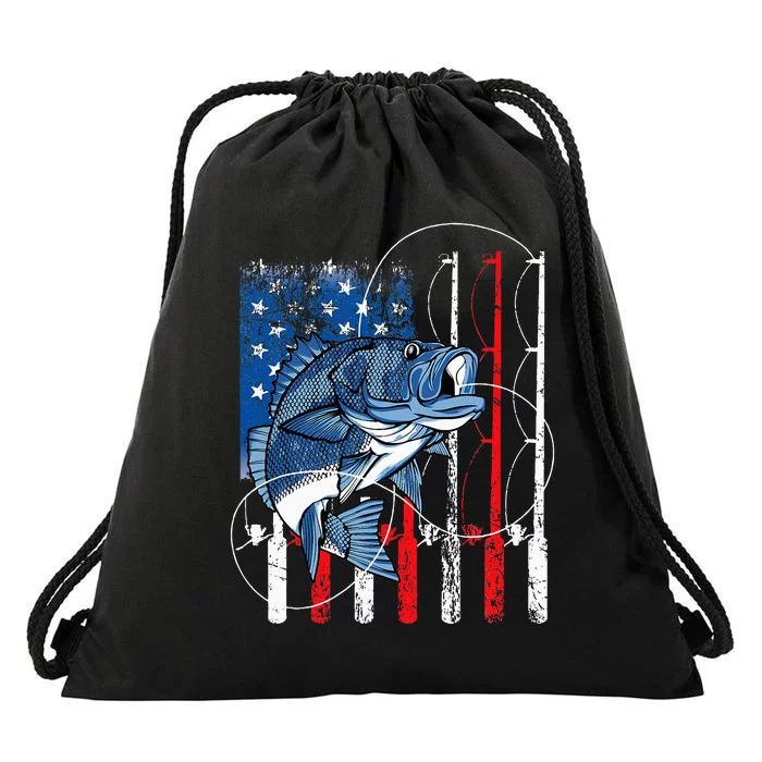 Fishing Vintage American Flag Bass Fisherman Gifts Drawstring Bag