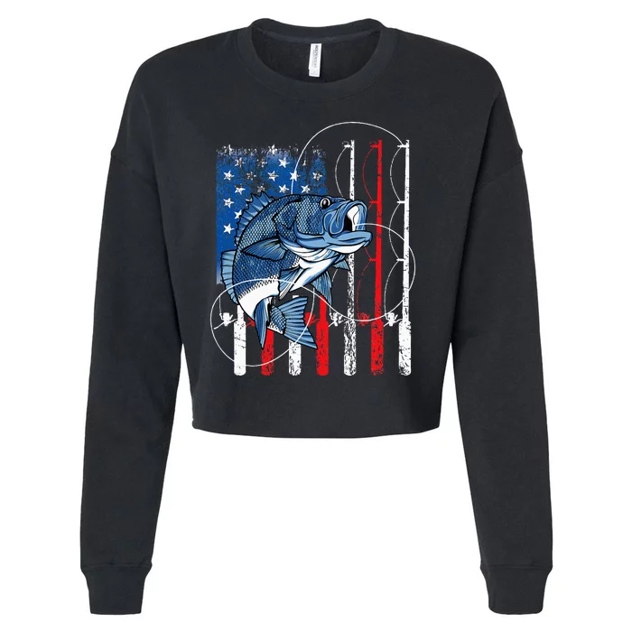 Fishing Vintage American Flag Bass Fisherman Gifts Cropped Pullover Crew