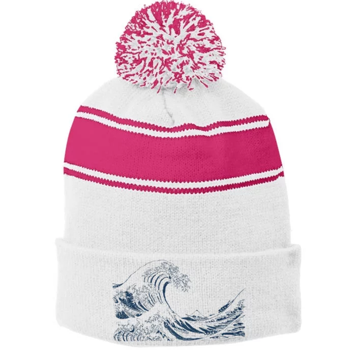 Famous Vintage Art Great Ocean Wave Hokusai Special Design Stripe Pom Pom Beanie