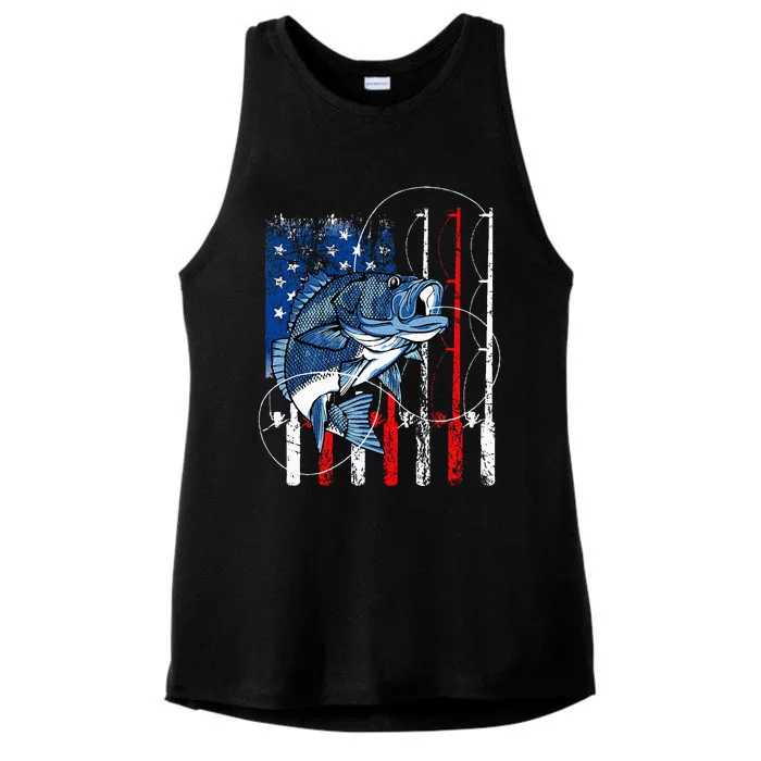 Fishing Vintage American Flag Bass Fisherman Gifts Ladies Tri-Blend Wicking Tank