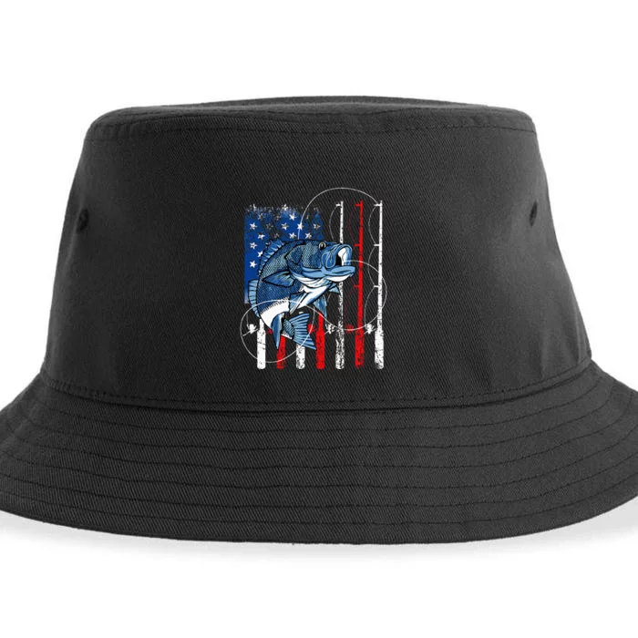 Fishing Vintage American Flag Bass Fisherman Gifts Sustainable Bucket Hat