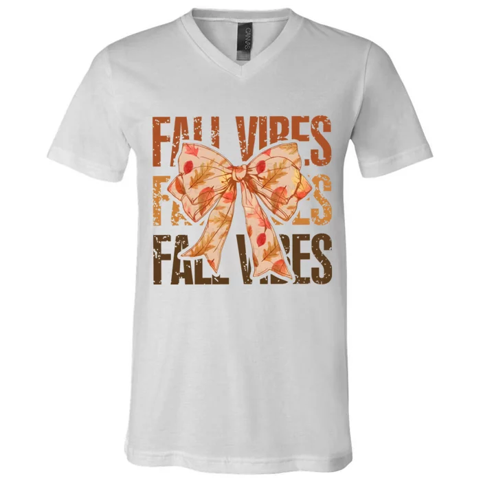 Fall Vibes Bow Coquette Autumn V-Neck T-Shirt