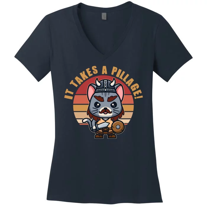 Funny Viking Cat It Takes A Pillage Women's V-Neck T-Shirt