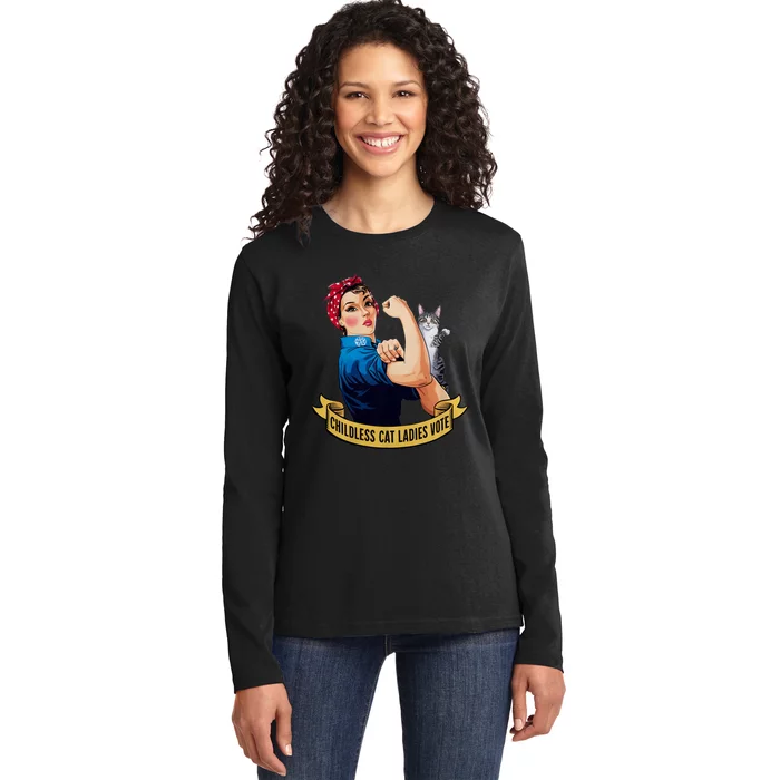 Funny Vintage Childless Cat Ladies Vote Rosie The Riveter Ladies Long Sleeve Shirt