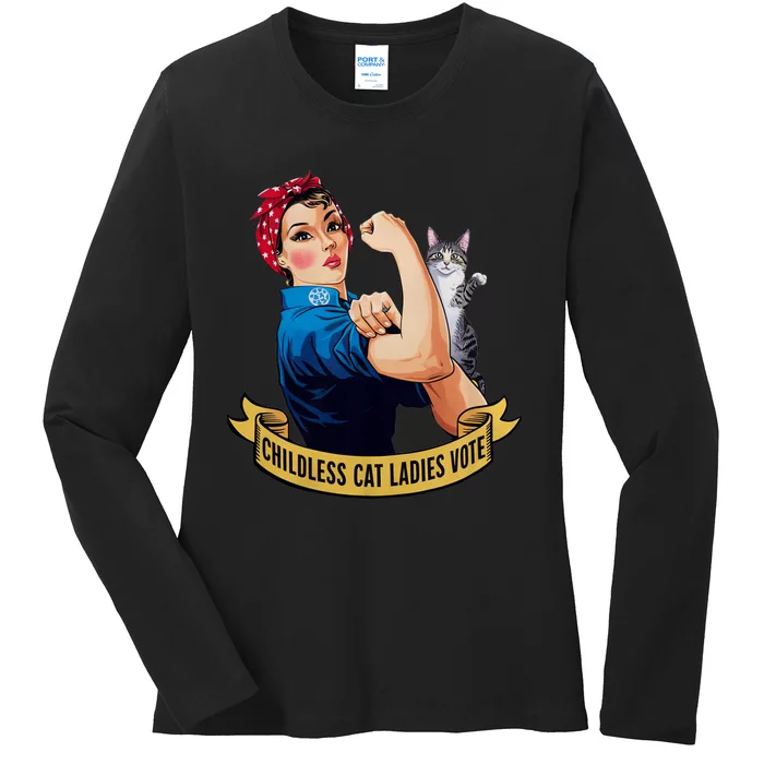 Funny Vintage Childless Cat Ladies Vote Rosie The Riveter Ladies Long Sleeve Shirt