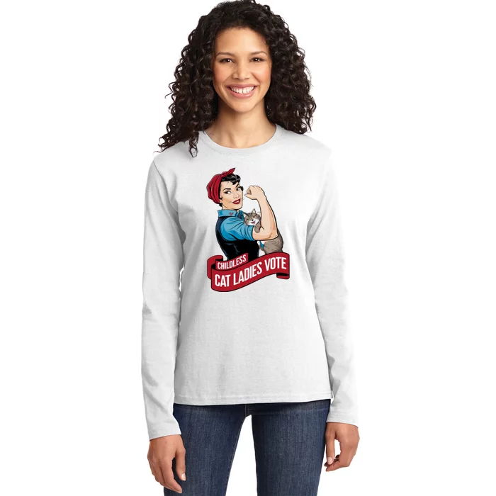 Funny Vintage Childless Cat Ladies Vote Rosie The Riveter Ladies Long Sleeve Shirt