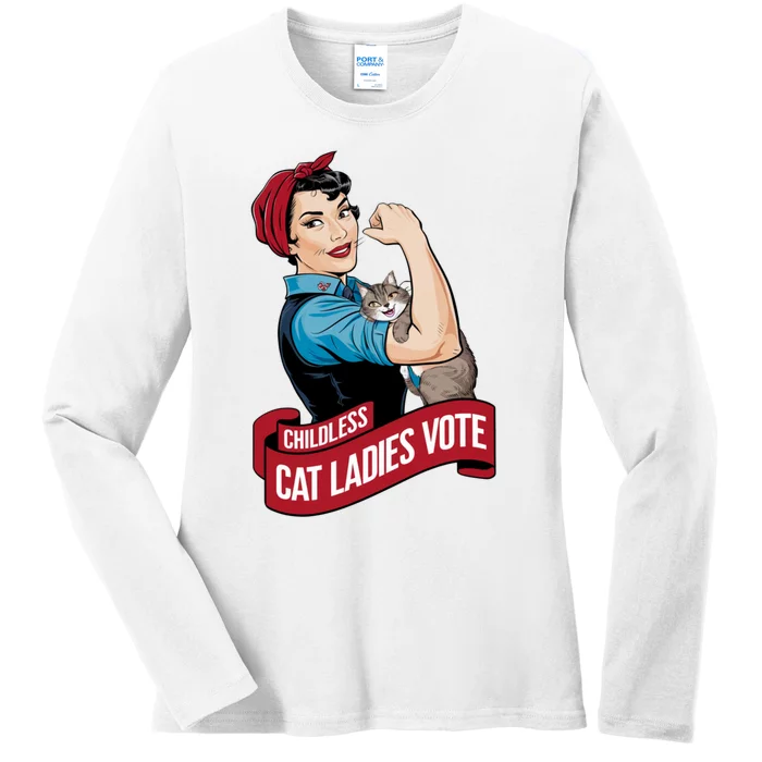 Funny Vintage Childless Cat Ladies Vote Rosie The Riveter Ladies Long Sleeve Shirt